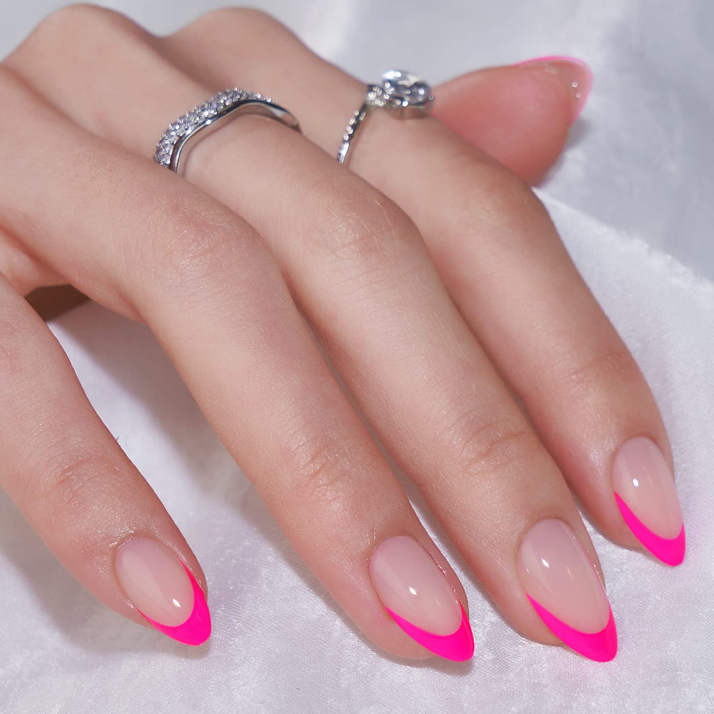 BTArtbox French Tip Press On Nails Almond – Hot Pink Berry French Short Gel Nails Kit (16 Sizes, 32 Nails)