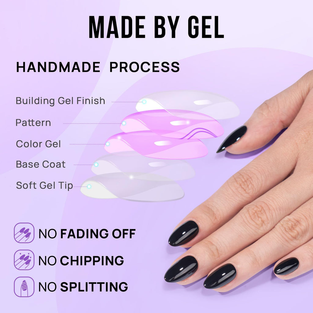 BTArtbox Black Velvet Almond Press On Nails | Soft Gel Kit, 16 Sizes, Quick Salon-Style Nails
