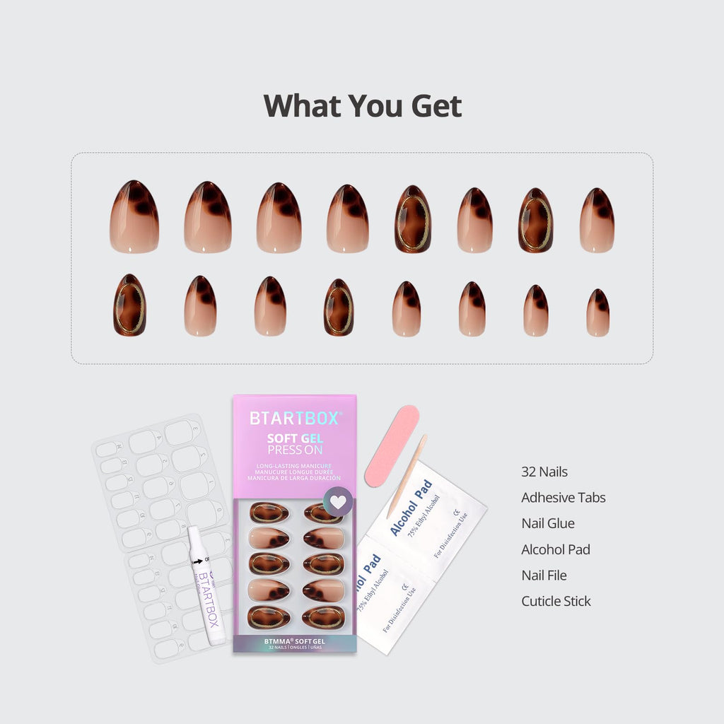 BTArtbox Almond Press On Nails – Amber Hoops & Tortoise Shell Short French Tip Kit