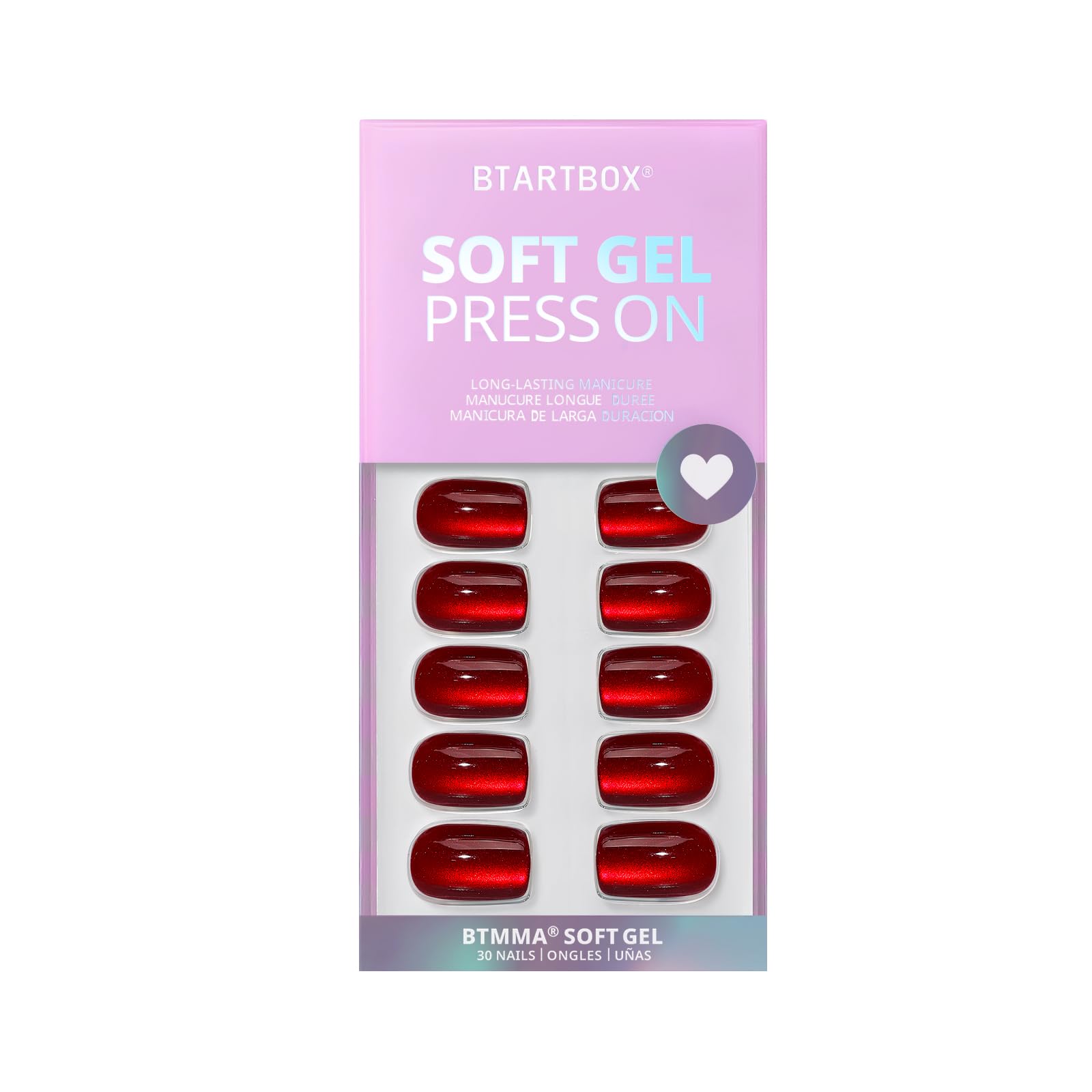 BTArtbox Press On Nails Red Cat Eye – Glossy Square Nails Kit, 30 Nails, 15 Sizes, Glue Included