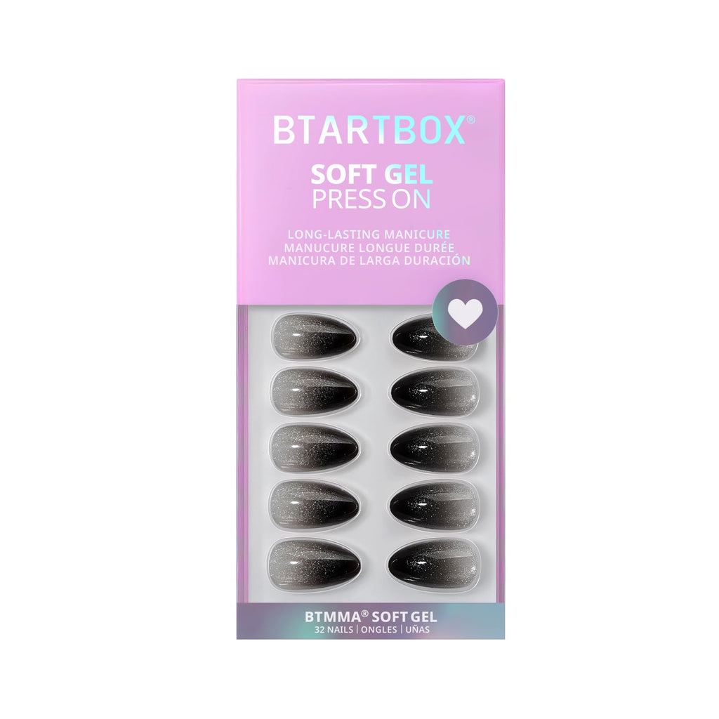 BTArtbox Grave Shine Short Press On Nails – Sparkle Black Almond, 32-Piece Kit with Glue