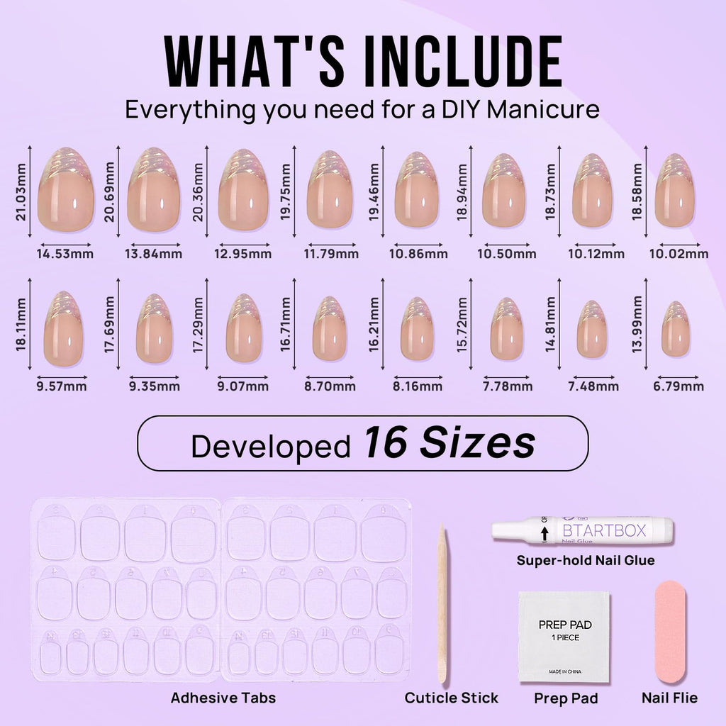 BTArtbox Aurora French Tip Short Almond Press On Nails – 30 Nails Kit, 16 Sizes