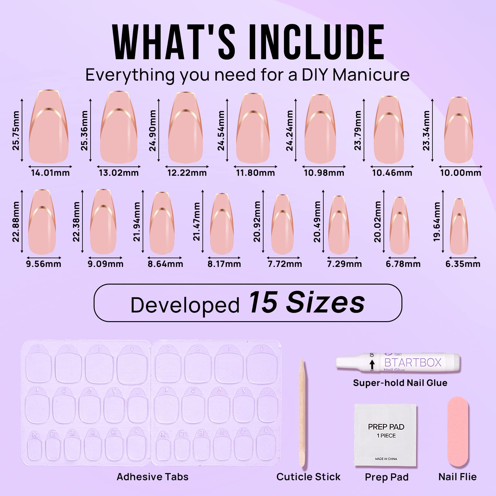 BTArtbox Press On Nails Long - Rose Gold Outline French Tip, Coffin Shape, Reusable Soft Gel, 15 Sizes