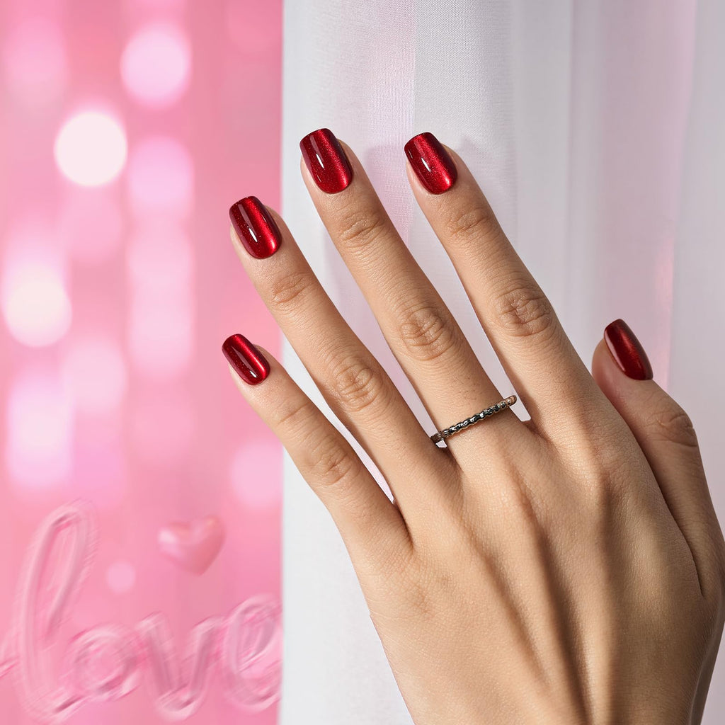 BTArtbox Press On Nails Red Cat Eye – Glossy Square Nails Kit, 30 Nails, 15 Sizes, Glue Included