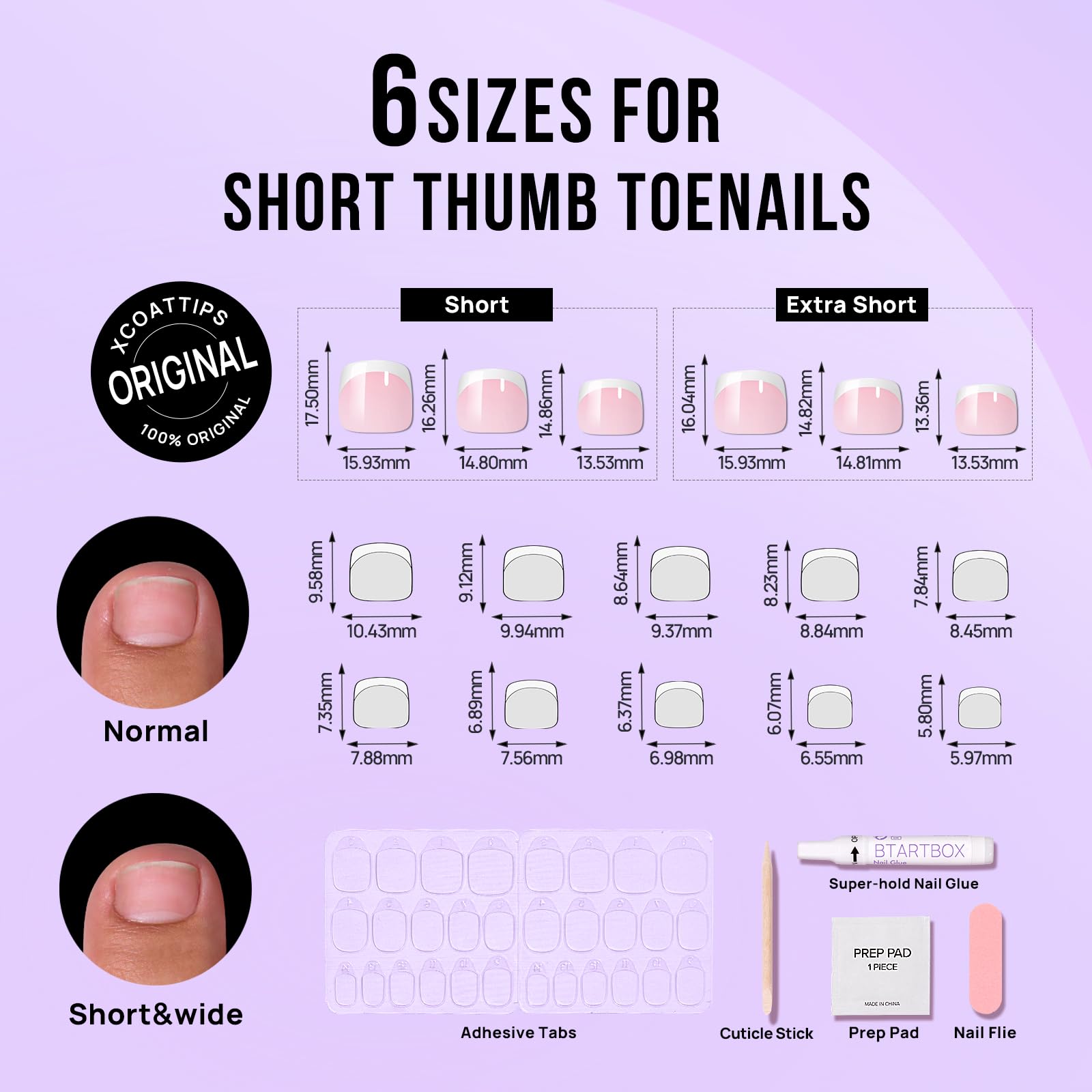 BTArtbox Press-On Toenails Short White French Tips – 32 Nails Kit, 16 Sizes