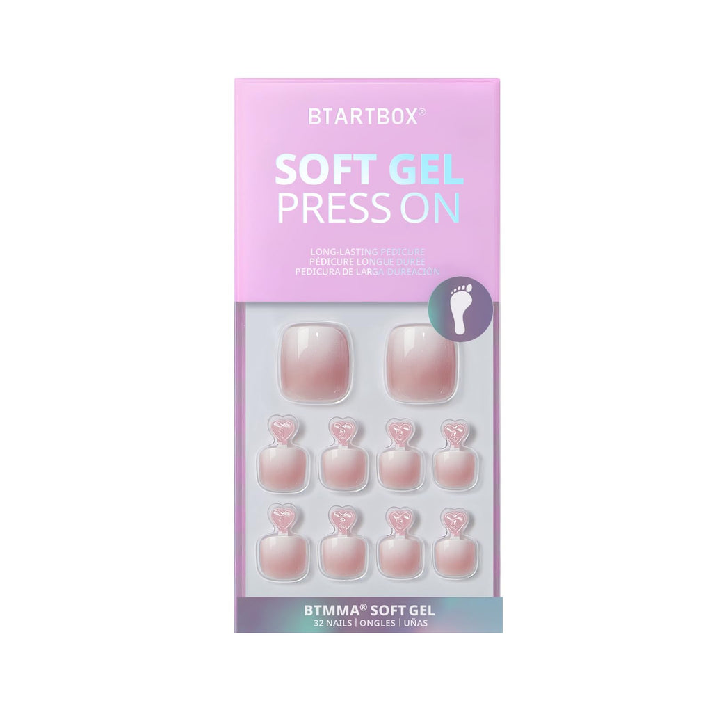 BTArtbox Press on Toenails Short Pink Ombre Square – 32 Nails Kit, 16 Sizes, Glue Included