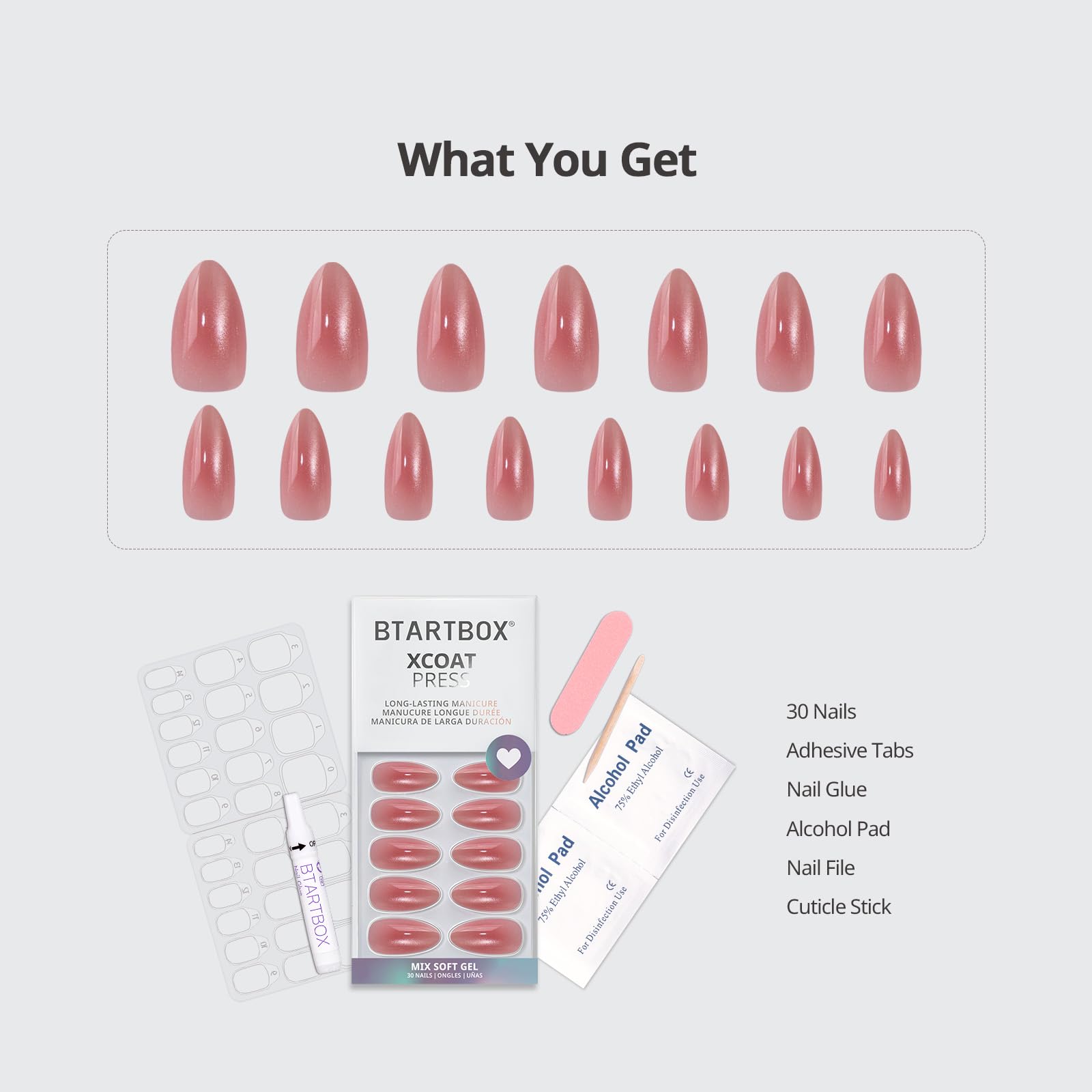 BTArtbox Press On Nails Almond - Pink Hypnotic Ombre | Lamp-Curable Cat Eye Medium Nails Kit with Glue & Tabs