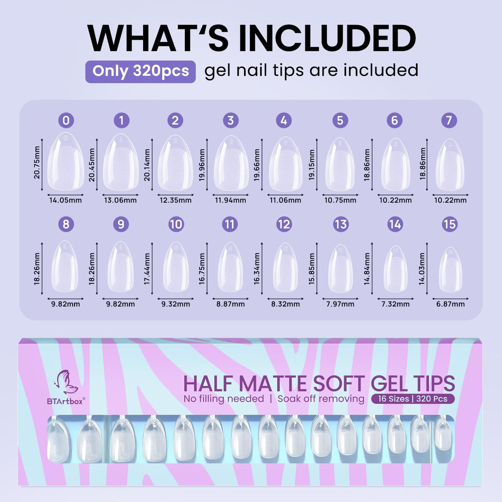 BTArtbox Short Almond Nail Tips - 320Pcs, 16 Sizes, Clear Half-Matte Soft Gel for Natural Full Cover Extensions