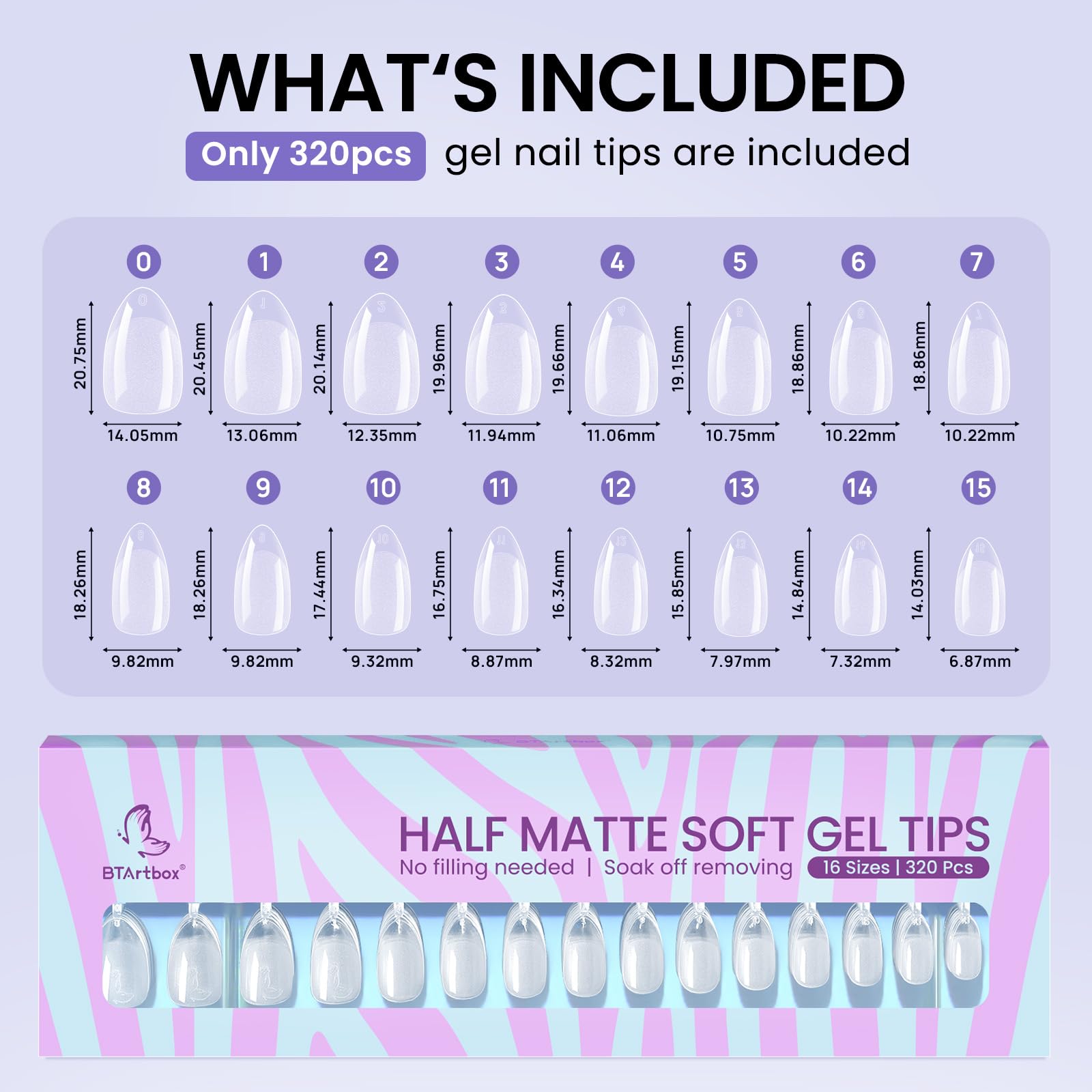 BTArtbox Short Almond Nail Tips - 320Pcs, 16 Sizes, Clear Half-Matte Soft Gel for Natural Full Cover Extensions