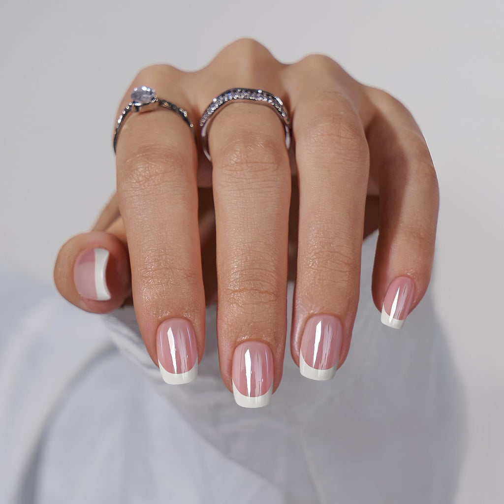 BTArtbox Press On Nails Short – White French Tip, Chrome Glazed, 15 Sizes, 30 Soft Gel Kit, Be Elegant