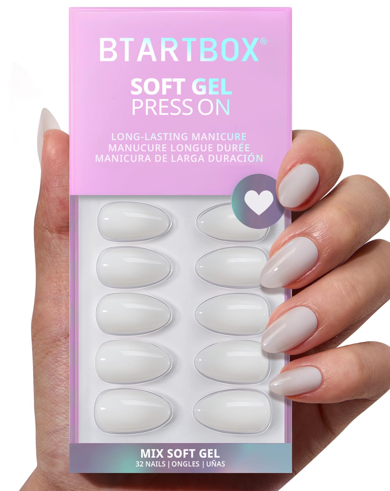BTArtbox White Press On Nails Short – Cream Puff, Gel, Glue-On, 16 Sizes