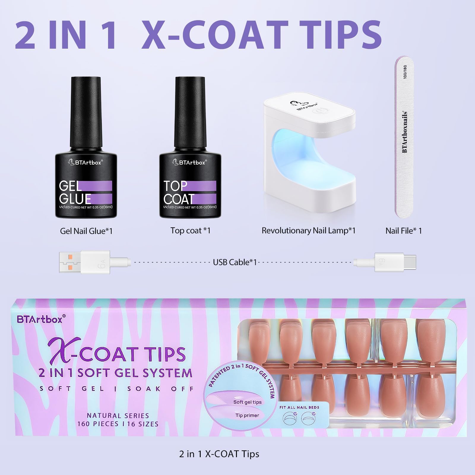 BTArtbox XCOATTIPS Gel Nail Kit – Short Coffin Tips with Glue, Top Coat & Portable Lamp