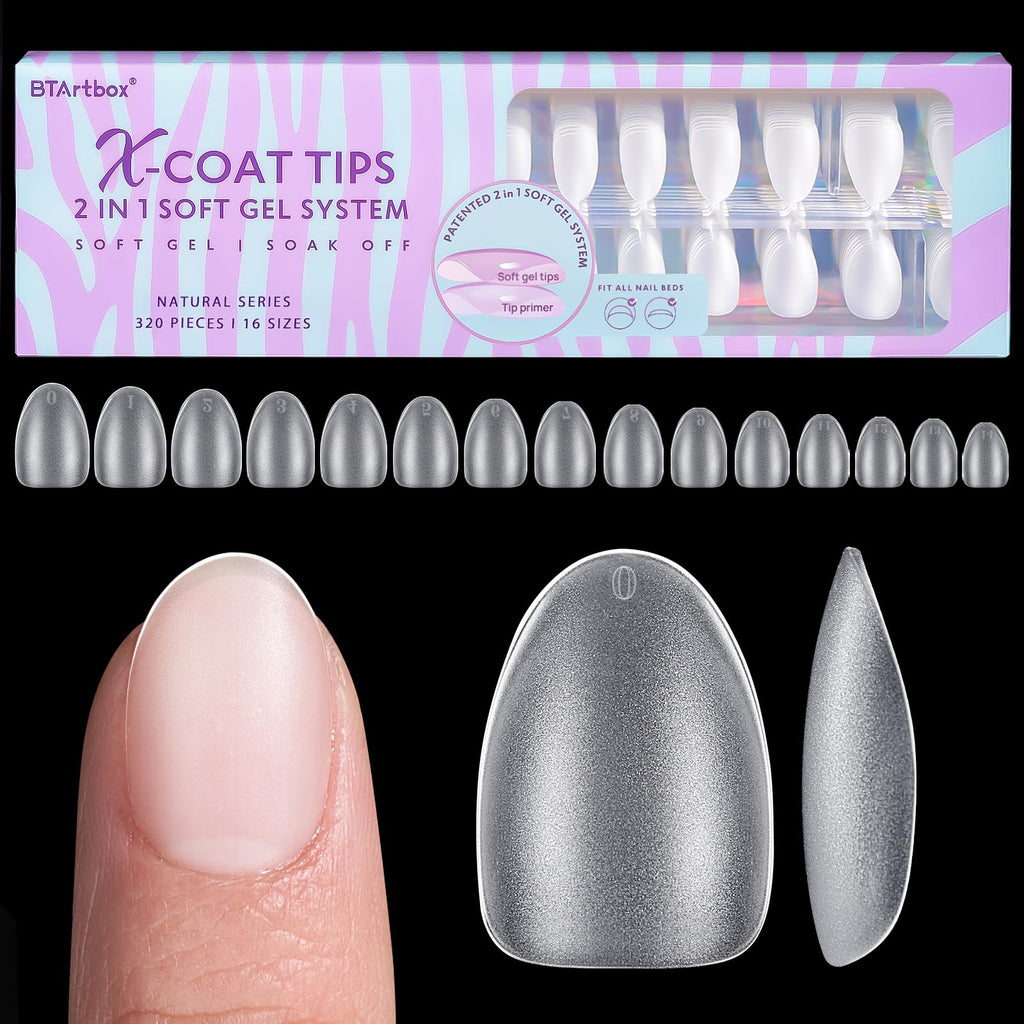 BTArtbox XCOATTIPS Extra Short Almond Gel Nail Tips – 16 Sizes, 320pcs, Tip Primer