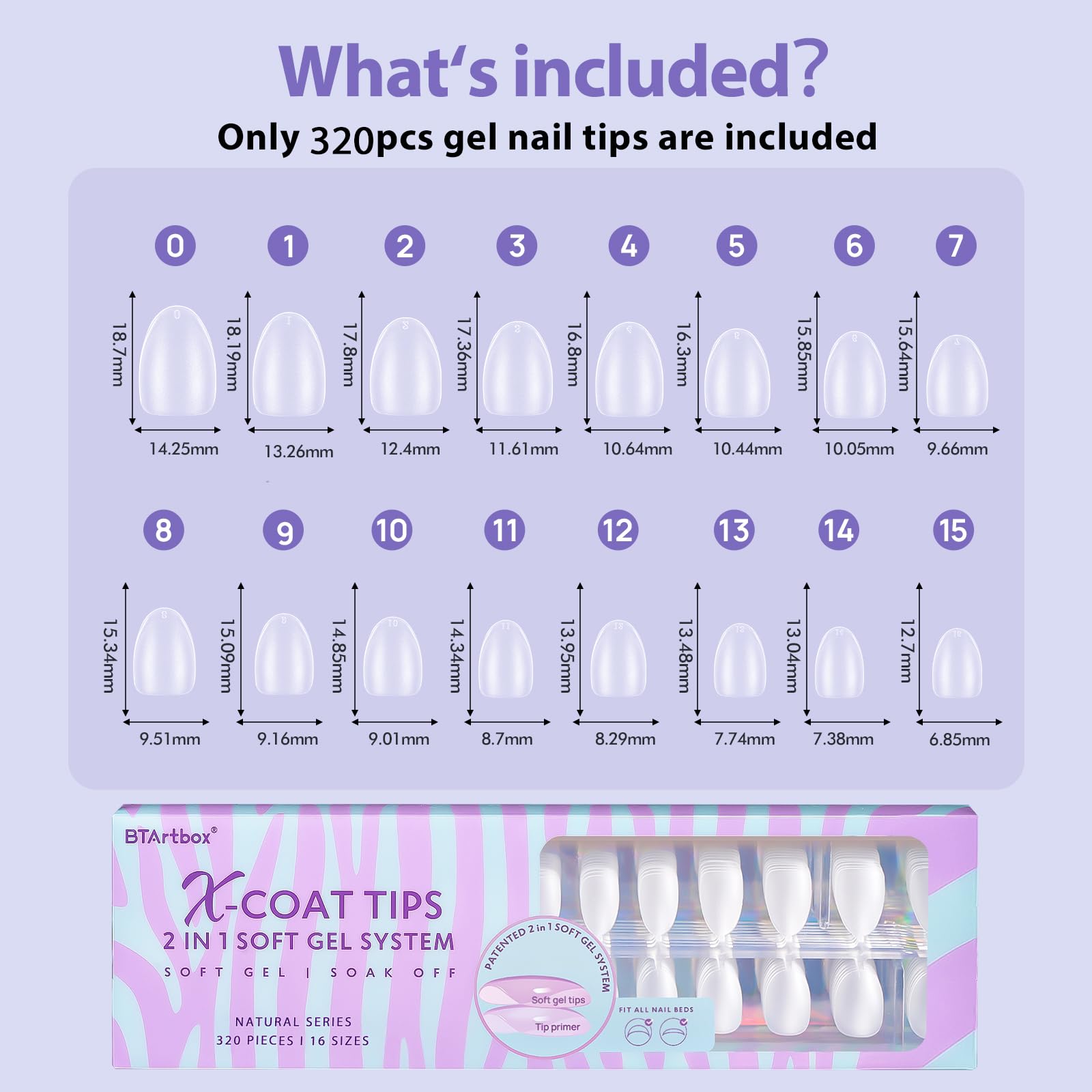 BTArtbox XCOATTIPS Extra Short Almond Gel Nail Tips – 16 Sizes, 320pcs, Tip Primer