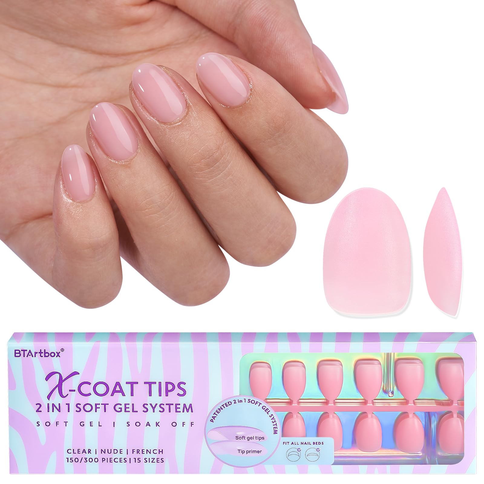 BTArtbox XCOATTIPS Matte Nail Tips - Extra Short Almond Pink | Long-Lasting Soft Gel Extensions