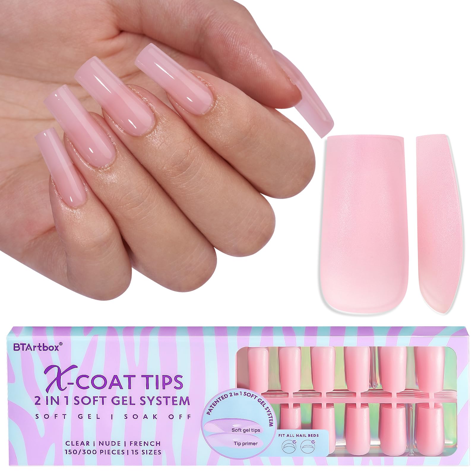 BTArtbox XCOATTIPS Soft Gel Nail Tips — Matte Long Square Press On Nails (One-Step Full Cover)