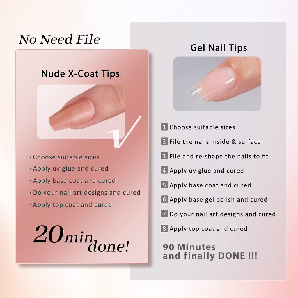 BTArtbox XCOATTIPS Gel Nail Kit – Short Coffin Tips with Glue, Top Coat & Portable Lamp