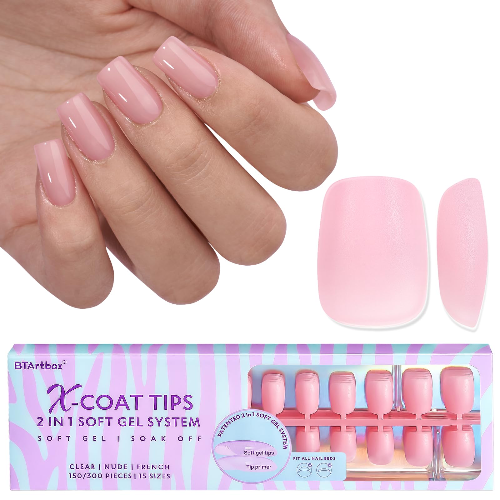 BTArtbox XCOATTIPS Natural Nail Tips – Extra Short Pink Square Press-On Nails
