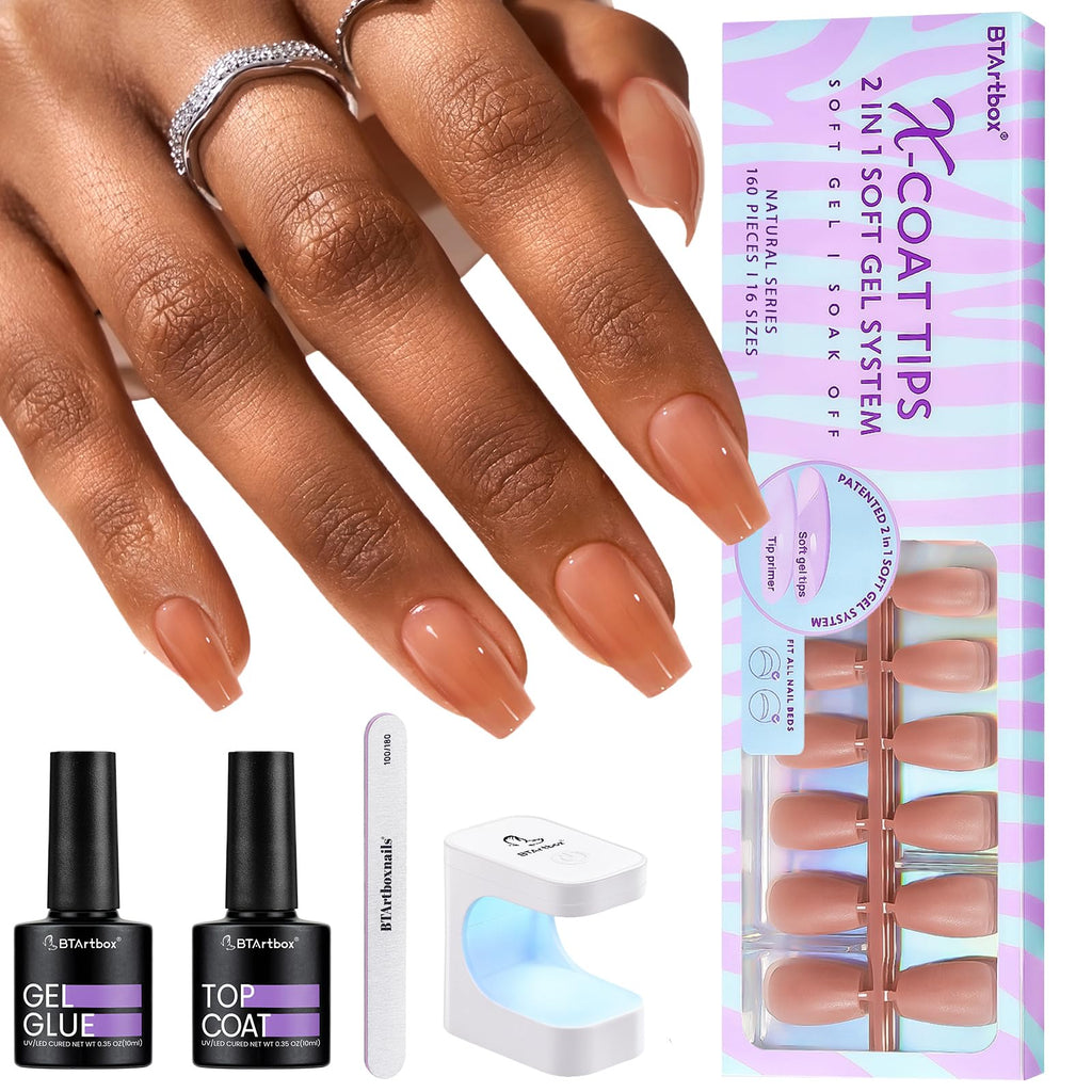 BTArtbox XCOATTIPS Gel Nail Kit – Short Coffin Tips with Glue, Top Coat & Portable Lamp