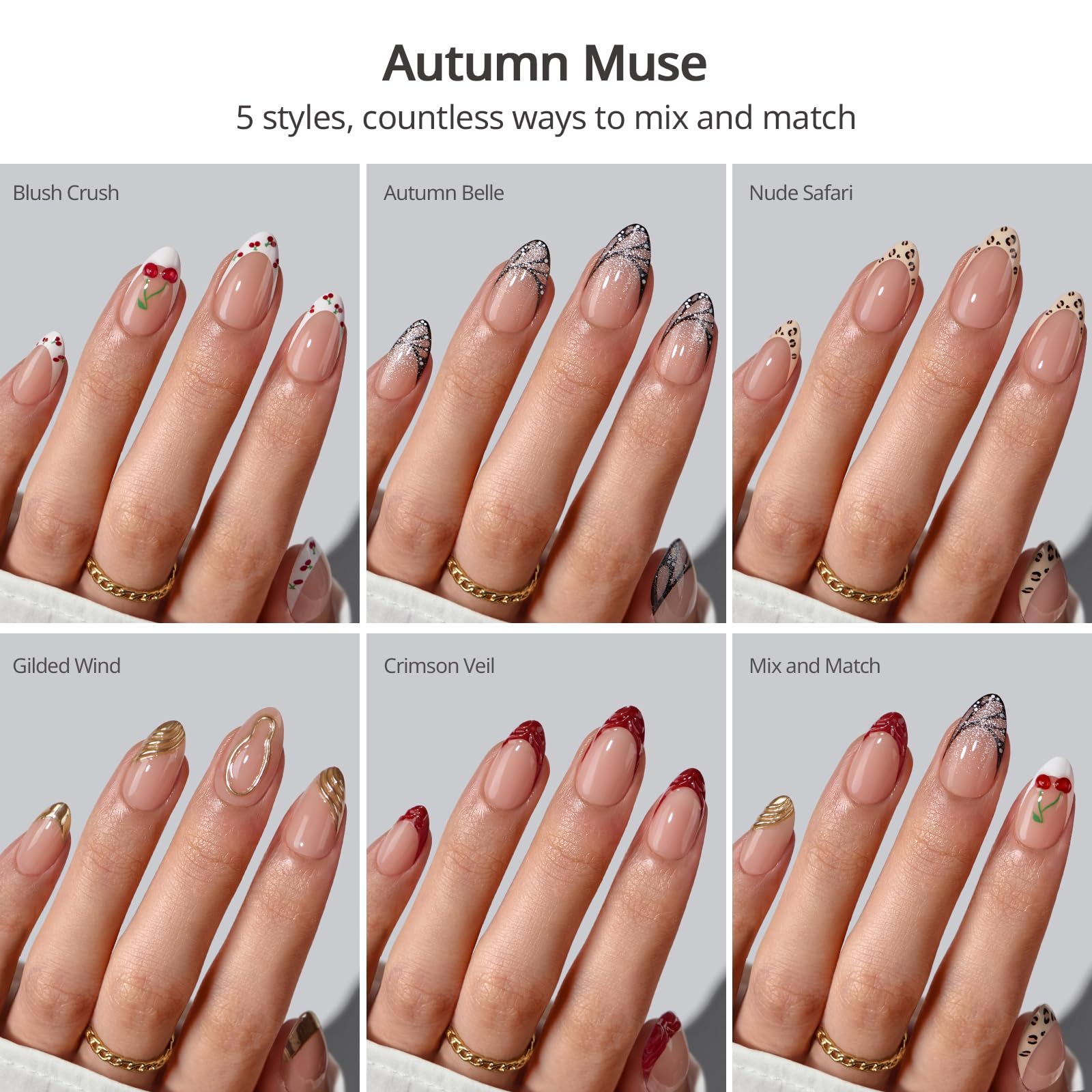 BTArtboxnails X LONGHAIRPRETTYNAILS Autumn Muse Press On Nails – 5 Designs Mix & Match, Short Almond French Tip, 160 Pcs