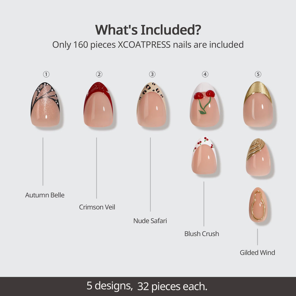 BTArtboxnails X LONGHAIRPRETTYNAILS Autumn Muse Press On Nails – 5 Designs Mix & Match, Short Almond French Tip, 160 Pcs