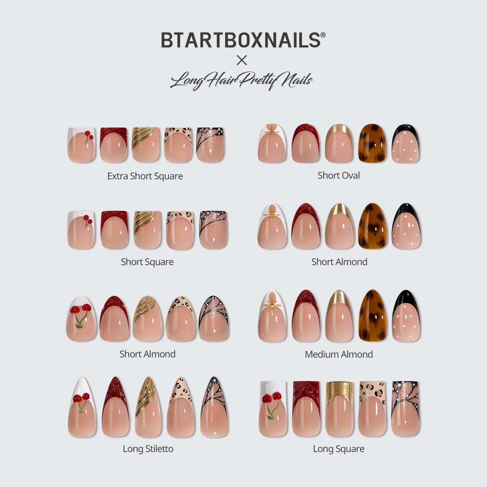 BTArtboxnails X LONGHAIRPRETTYNAILS Autumn Muse Press On Nails – 5 Designs Mix & Match, Short Almond French Tip, 160 Pcs