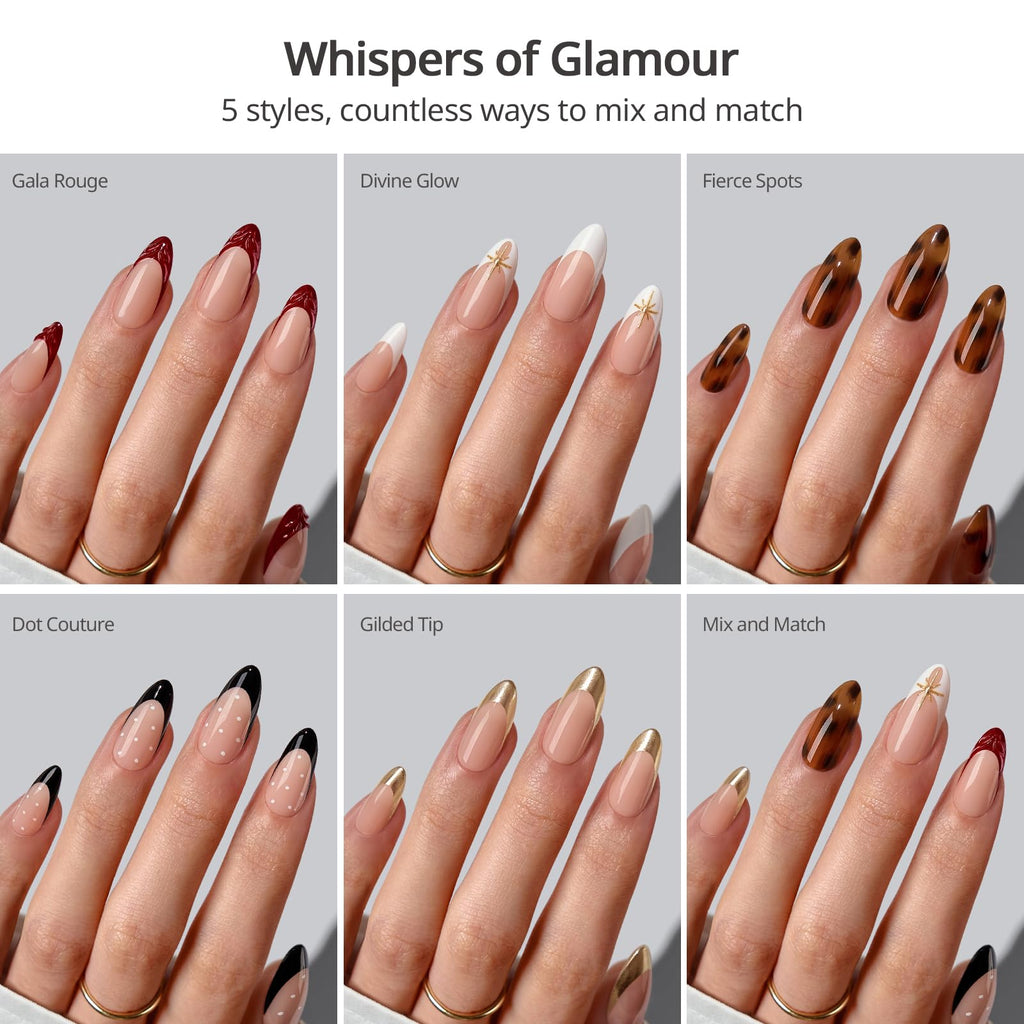 BTArtboxnails x LONGHAIRPRETTYNAILS Press On Nails Whispers of Glamour – 5 Designs Mix & Match, Medium Almond French Tip, 160 Pcs