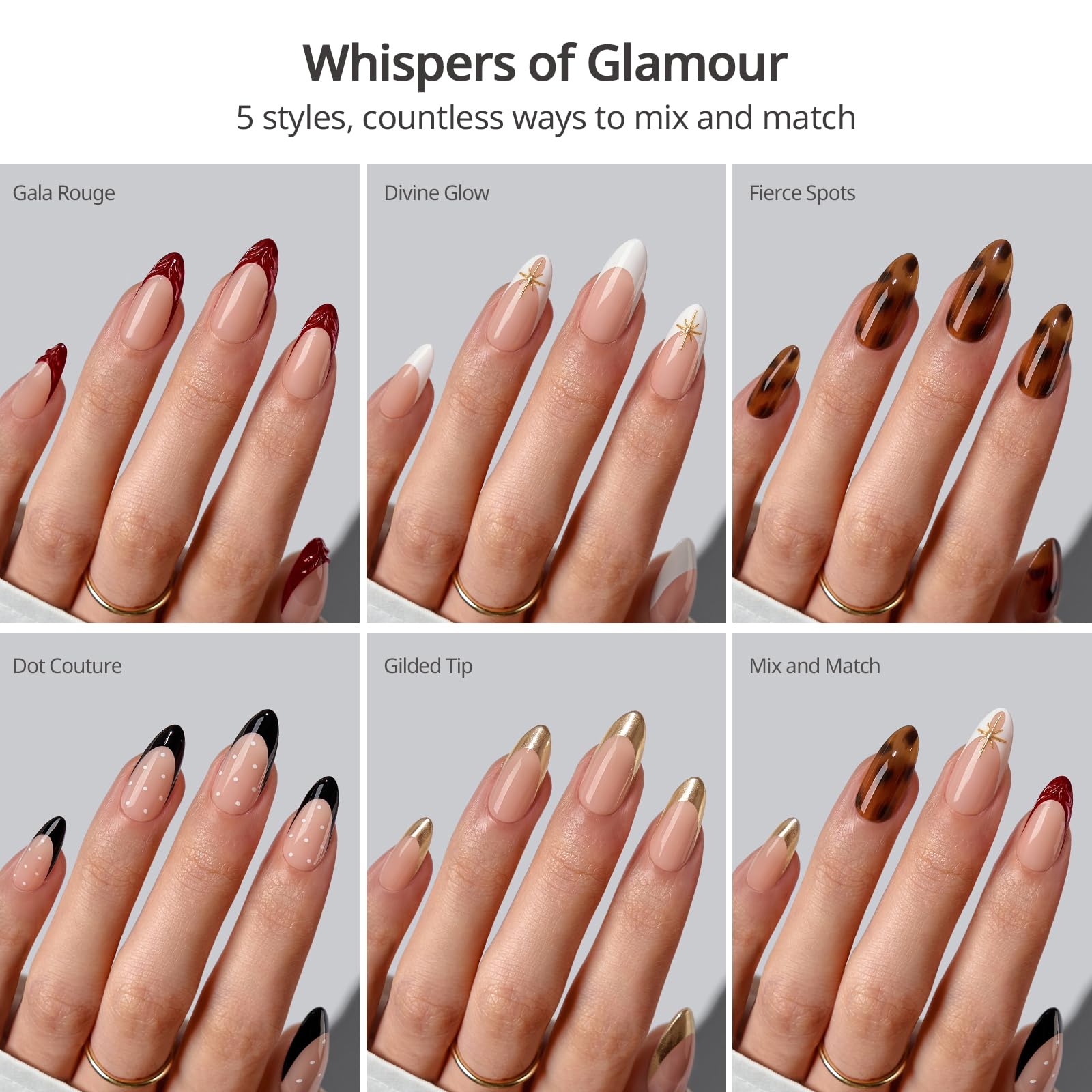 BTArtboxnails x LONGHAIRPRETTYNAILS Press On Nails Whispers of Glamour – 5 Designs Mix & Match, Medium Almond French Tip, 160 Pcs