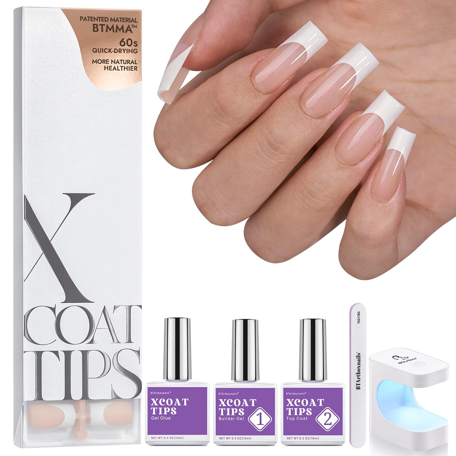 BTArtboxnails French Tip Press-On Nails Kit with Gel Glue, Builder Gel, Top Coat & Portable Nail Lamp