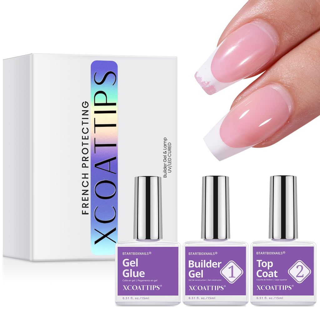 BTArtboxnails Nail Tips Builder Gel Set - 15ml Builder Gel, Top Coat & Glue for French Tip Nails