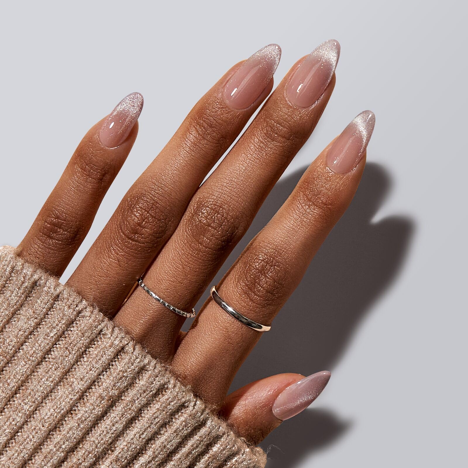 BTArtboxnails X-Coat Tips Cat Eye Nails – French Tip Press On Nails, Medium Almond Soft Gel