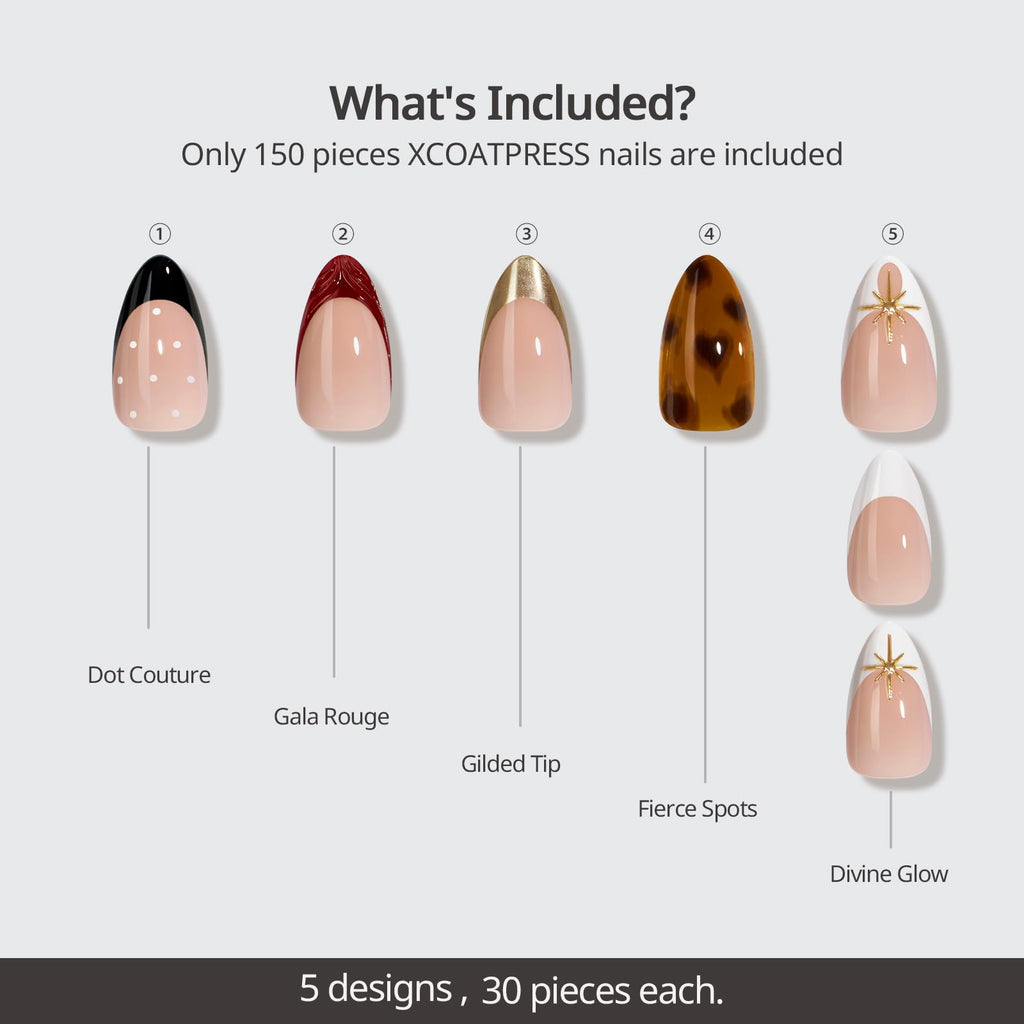 BTArtboxnails x LONGHAIRPRETTYNAILS Press On Nails Whispers of Glamour – 5 Designs Mix & Match, Medium Almond French Tip, 160 Pcs