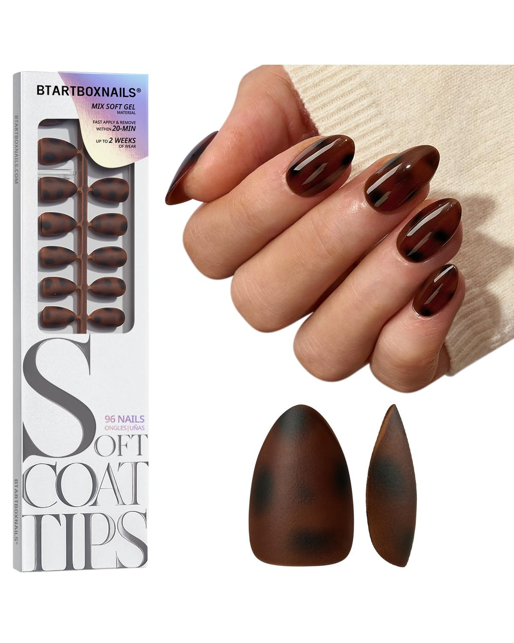 BTArtboxnails SoftCoattips Tortoiseshell Almond Short Press On Nails – 96 Pcs