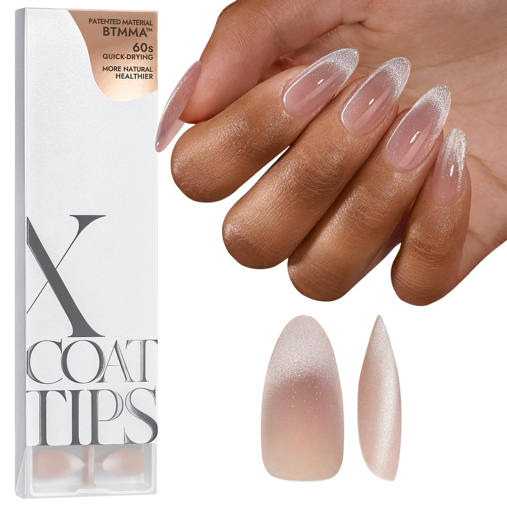 BTArtboxnails X-Coat Tips Cat Eye Nails – French Tip Press On Nails, Medium Almond Soft Gel