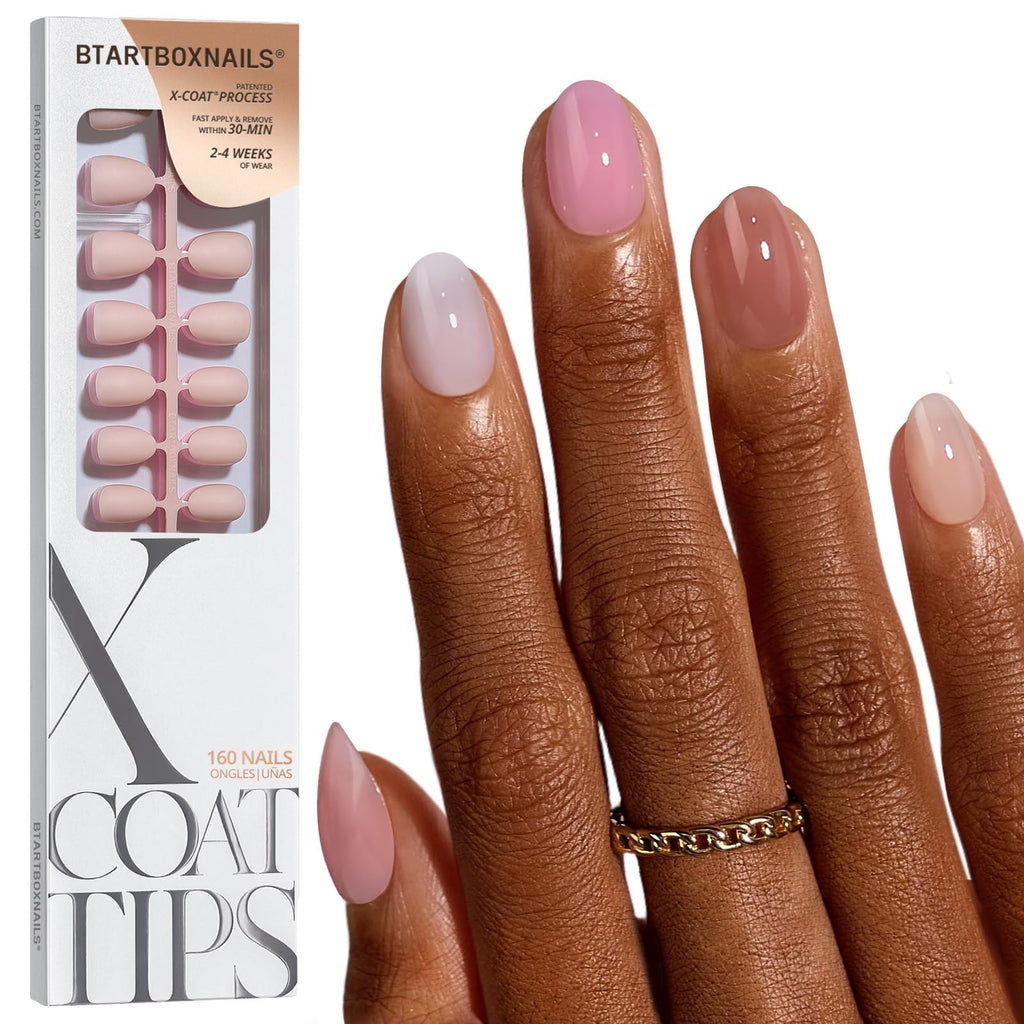 BTArtboxnails XCOATTIPS Bare 5-Shades Nude Press-On Nails – Extra Short Almond, 4-Week Wear, Easy Apply