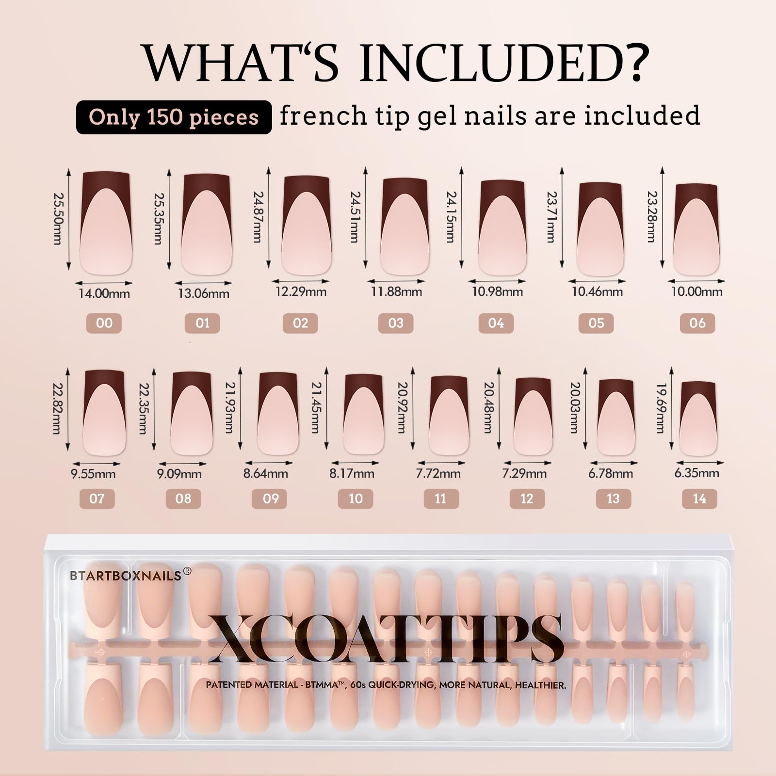 BTArtboxnails XCOATTIPS French Tip Nails – Long Square Soft Gel, 150 Pcs
