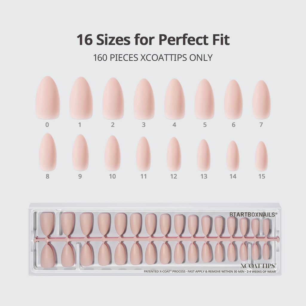 BTArtboxNails XCOATTIPS Bare 5-Shades Nude Press-On Nails – Medium Almond, 16 Sizes, 4-Week Wear