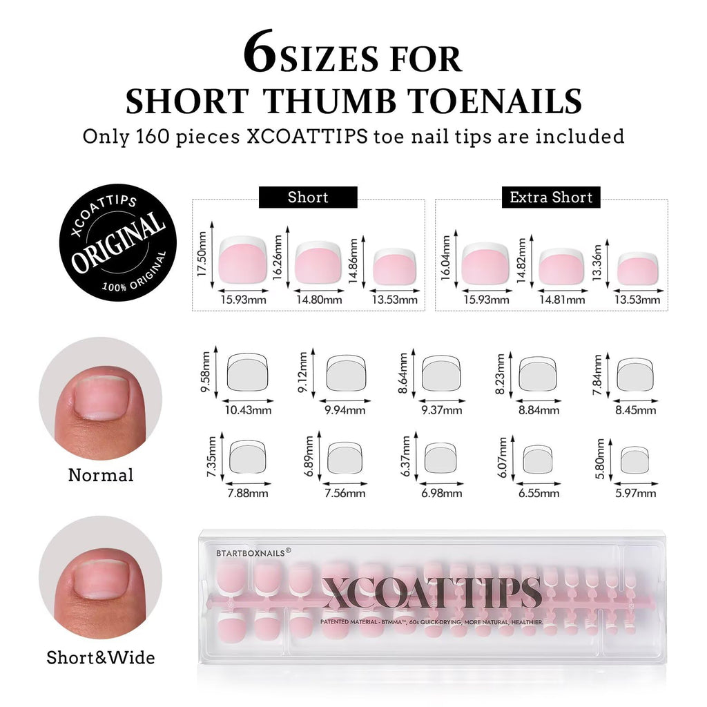 BTArtboxnails XCOATTIPS Toe Nail Tips – Short French Tip Press-On Toenails, 160Pcs Pink Soft Gel