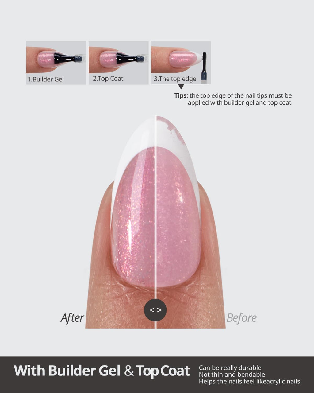 BTArtboxnails XCOATTIPS French Tip Press On Nails – Pink Glitter Base, Long Square, 90 Pcs
