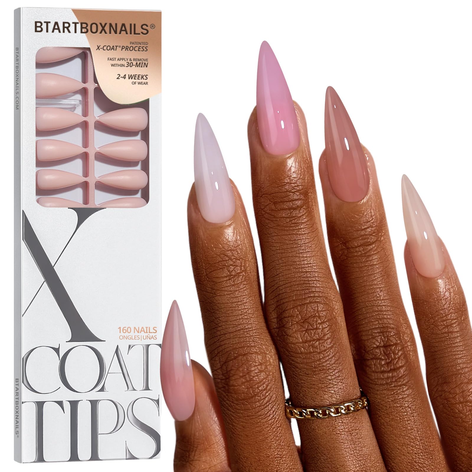 BTArtboxnails XCOATTIPS Bare 5-Shades Nude Press-On Nails – Long Stiletto, 4-Week Wear, 16 Sizes