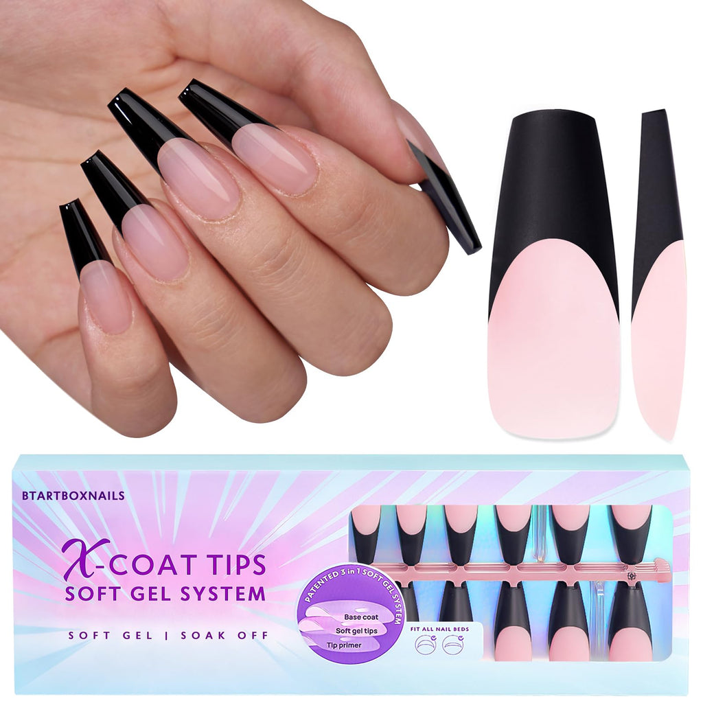 BTArtboxnails XCOATTIPS French Gel Nails – Black French Tip Press-On Coffin Nails