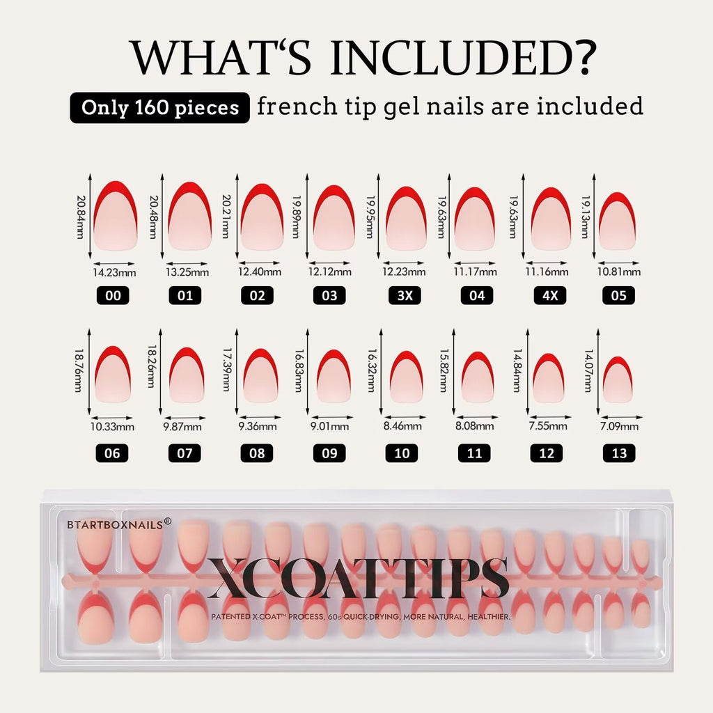 BTArtboxnails XCOATTIPS Red French Tip Press-On Nails – Almond Short Valentines, 160Pcs