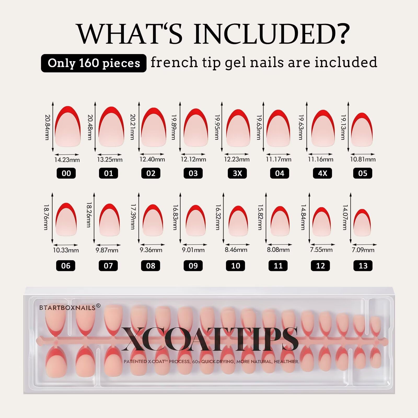 BTArtboxnails XCOATTIPS Red French Tip Press-On Nails – Almond Short Valentines, 160Pcs