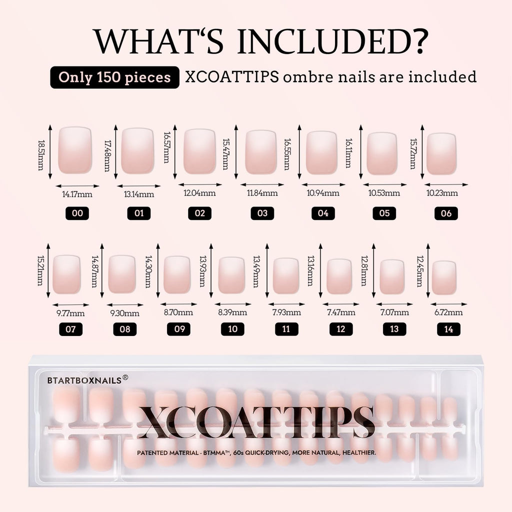 BTArtboxnails XCOATTIPS Ombre Nails – Extra Short Square Press-On Nails, 150Pcs Nude Peach