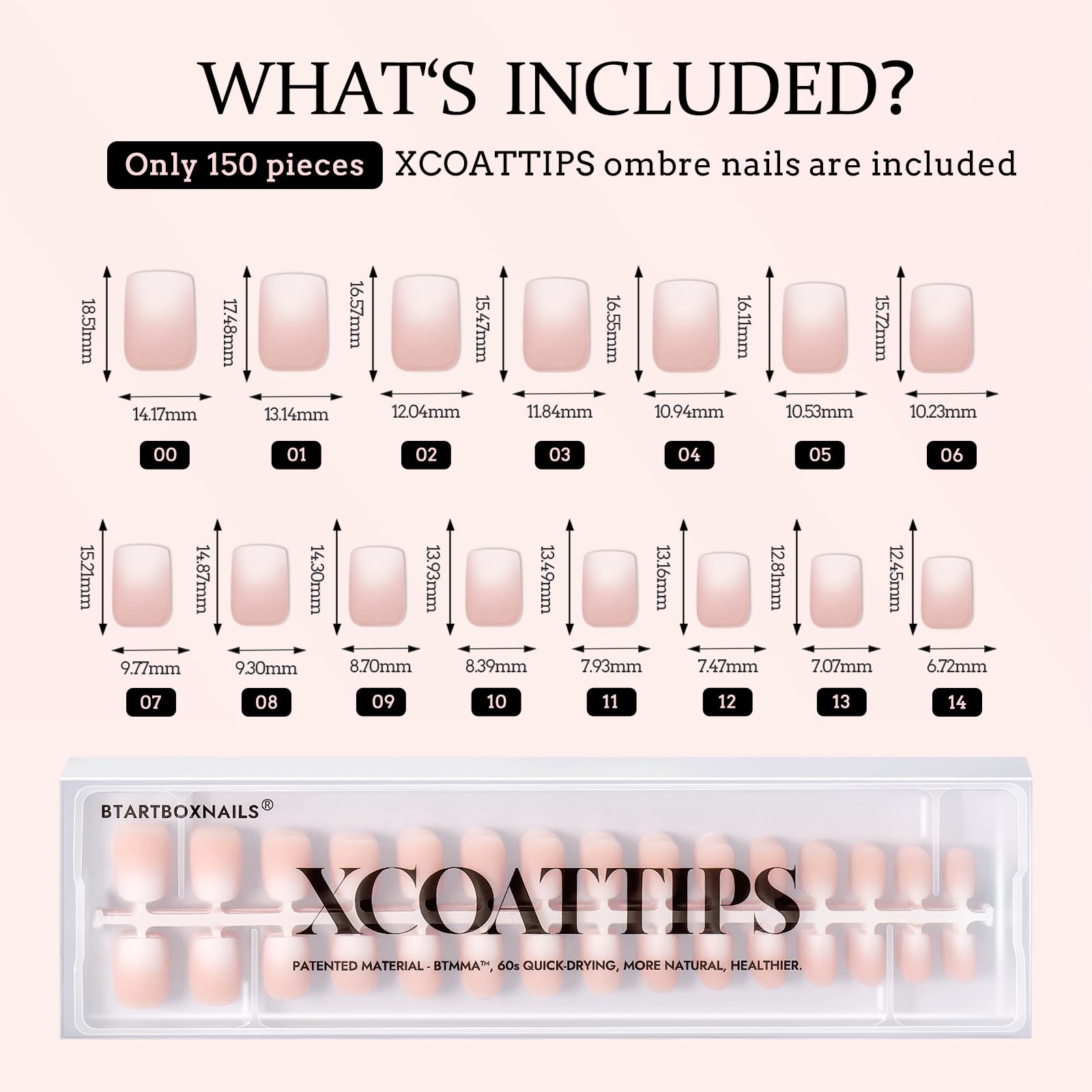 BTArtboxnails XCOATTIPS Ombre Nails – Extra Short Square Press-On Nails, 150Pcs Nude Peach