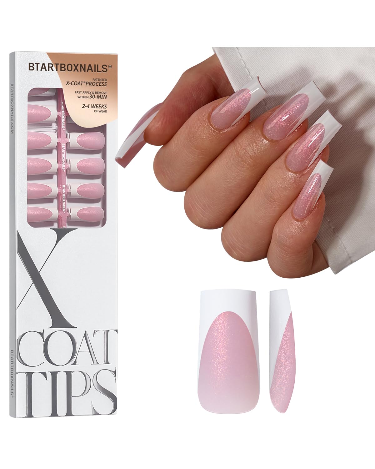 BTArtboxnails XCOATTIPS French Tip Press On Nails – Pink Glitter Base, Long Square, 90 Pcs