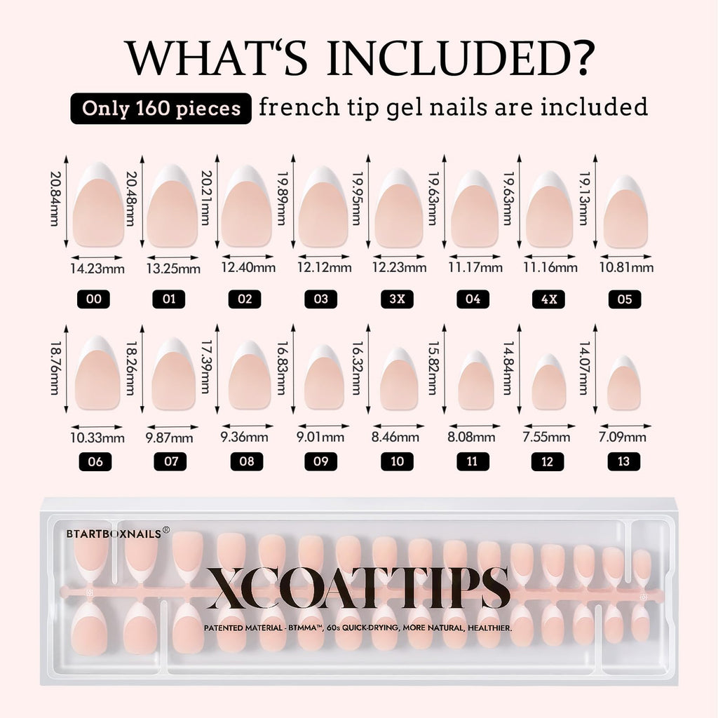 BTArtboxnails XCOATTIPS French Series Press-On Nails – Short Almond Nude French Tips