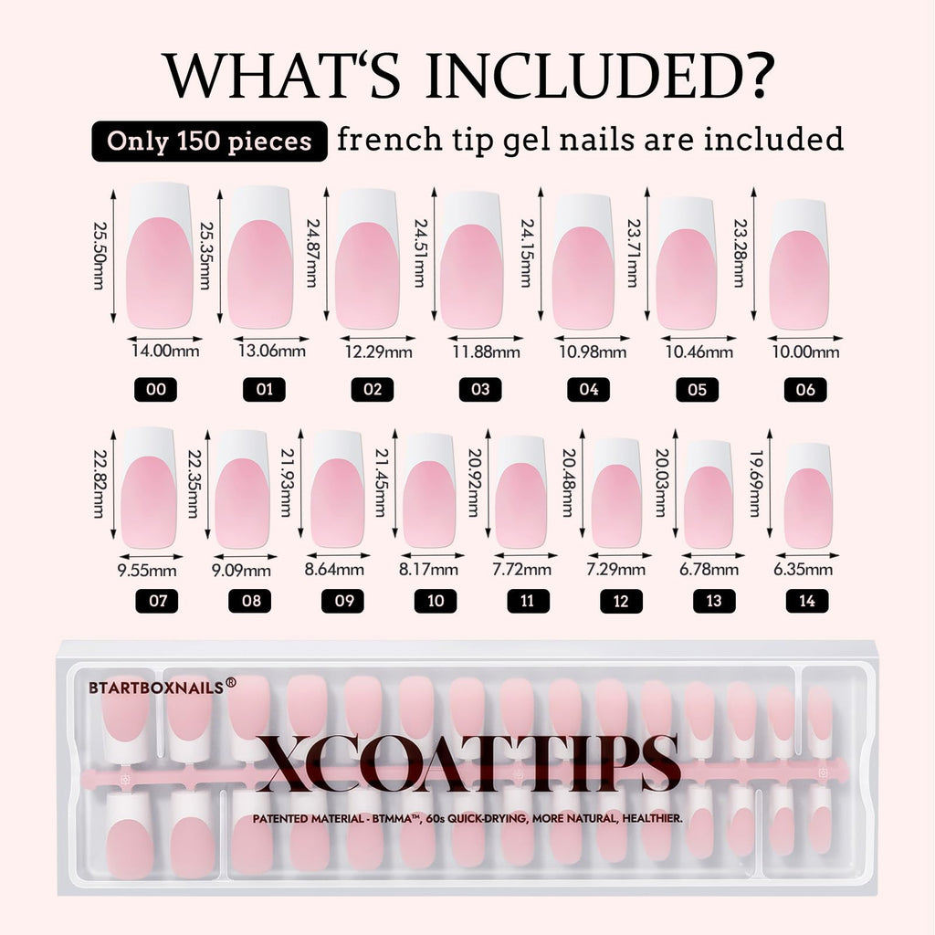 BTArtboxnails XCOATTIPS White French Tip Press-On Nails – Pink Long Square Tips, Soak-Off Extensions