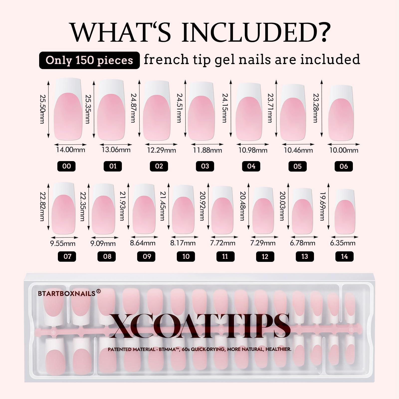 BTArtboxnails XCOATTIPS White French Tip Press-On Nails – Pink Long Square Tips, Soak-Off Extensions