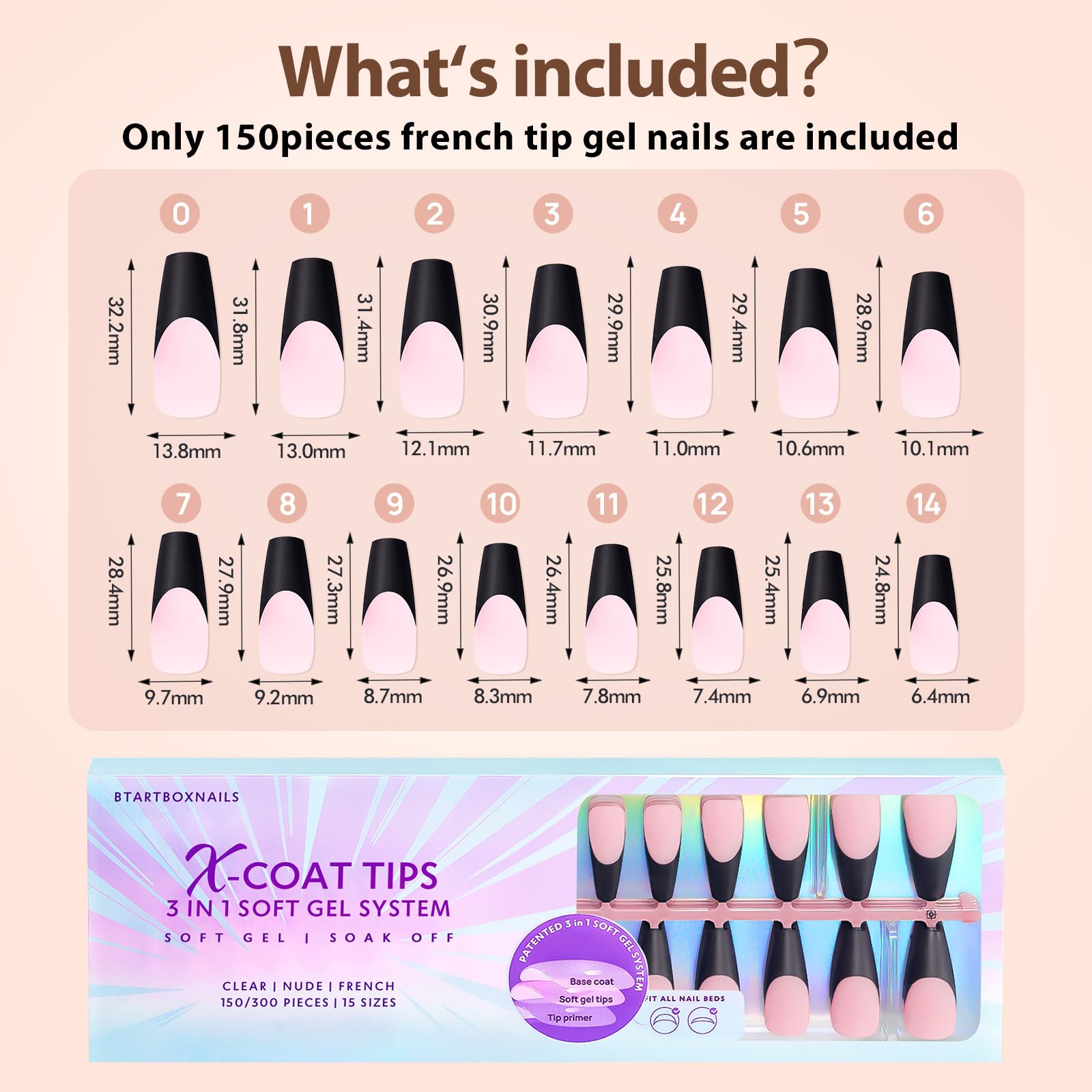 BTArtboxnails XCOATTIPS French Gel Nails – Black French Tip Press-On Coffin Nails